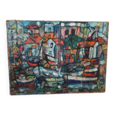 Huile sur toile Ferruccio Ferri - 1953 - « Bateaux de Syracuse » période expressionniste de Syracuse