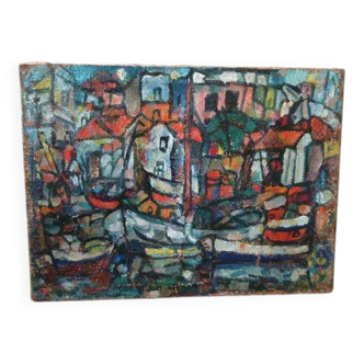 Oil on canvas by Ferruccio Ferri - 1953 - "Boats of Syracuse" expressionist period of Syracuse.