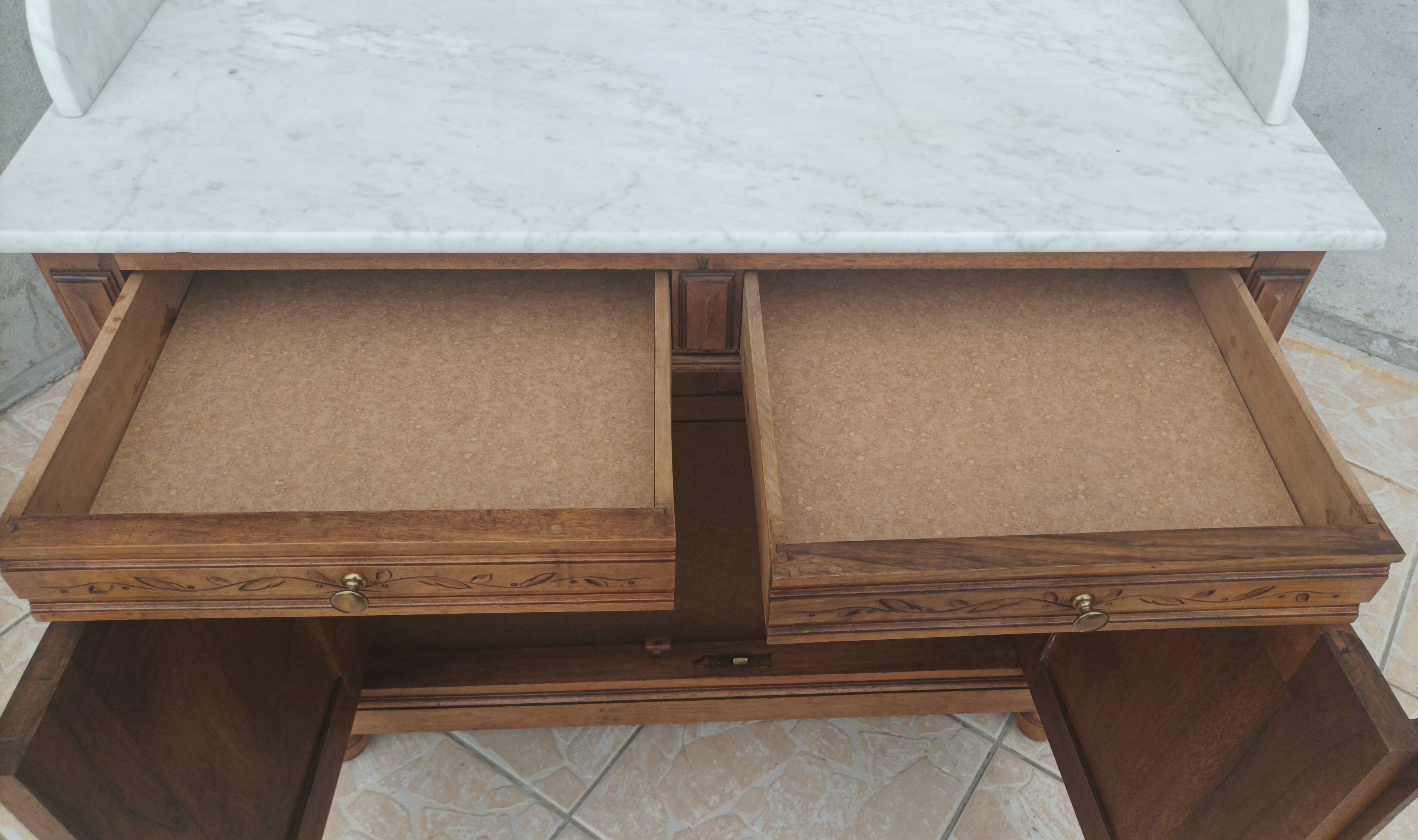 Antique walnut and white marble bathroom cabinet