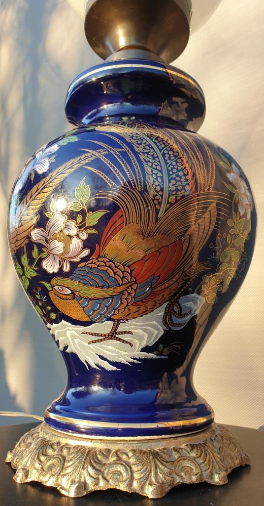 Ceramic lamp birds lyres on midnight blue background Napoleon III