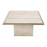1970s square coffee table in travertine and brass