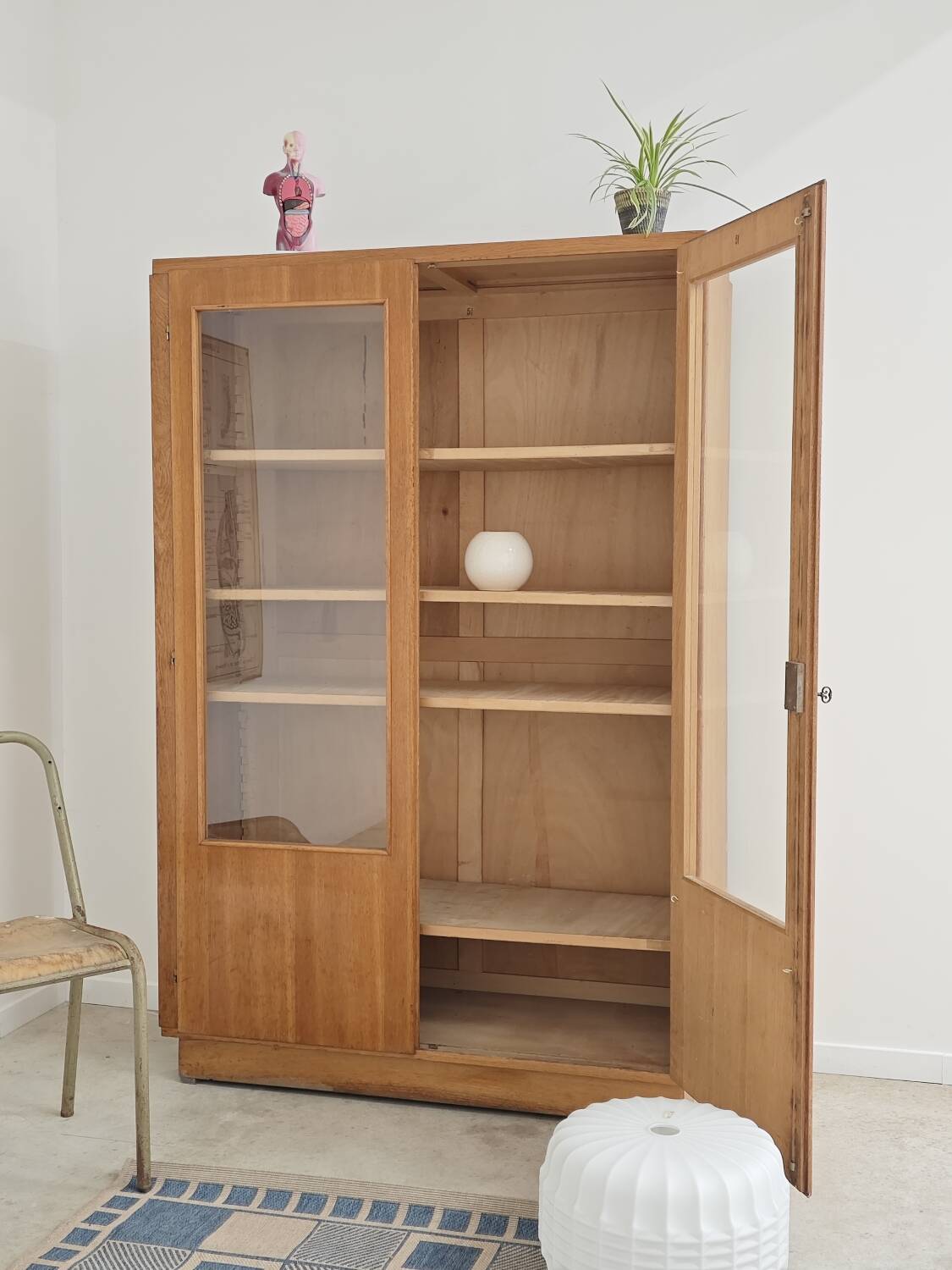 Oak glass-fronted school cabinet 1960