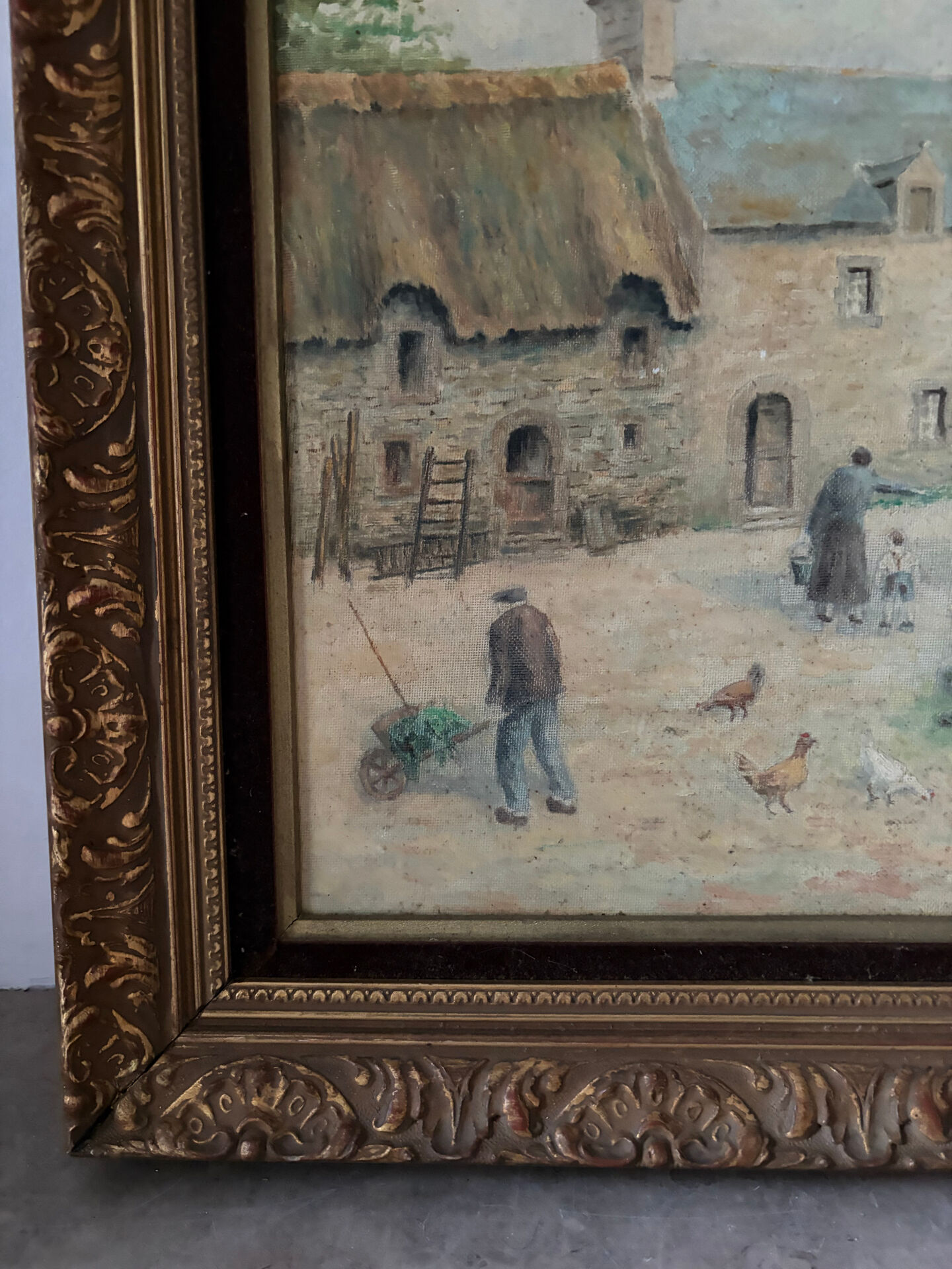 Oil on canvas "Village courtyard with chickens", signed.
