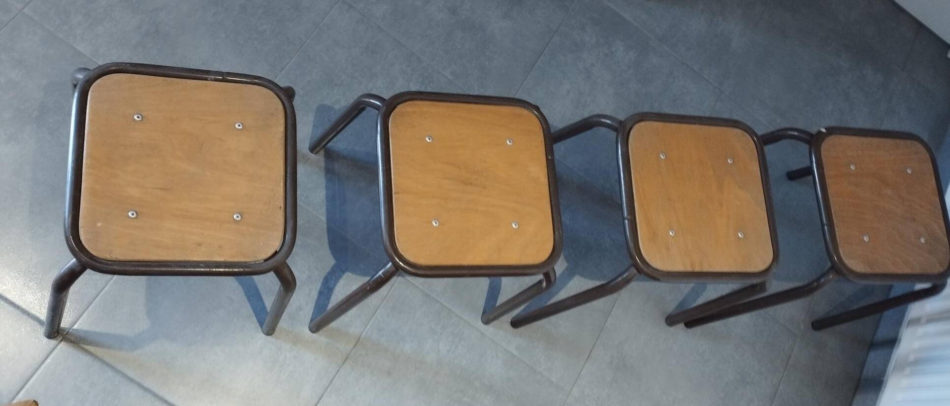 4 vintage industrial Mullca stools, workshop, school