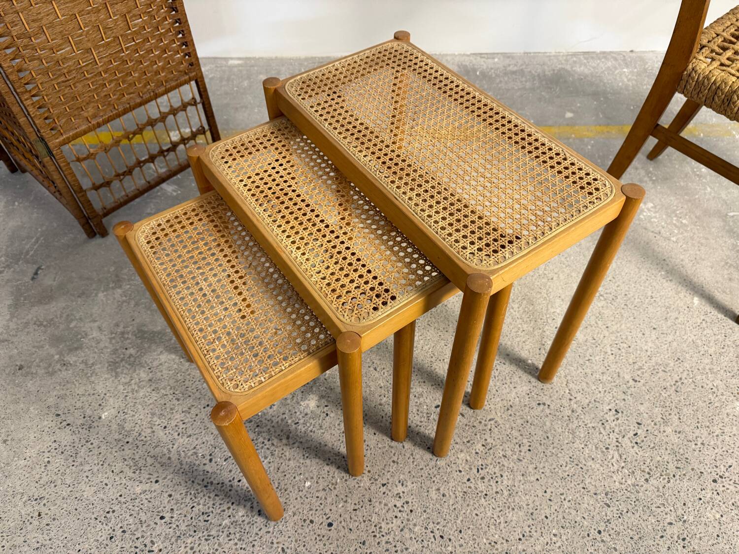Set of Scandinavian nesting tables in wood and cane – 1960s