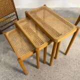 Set of Scandinavian nesting tables in wood and cane – 1960s