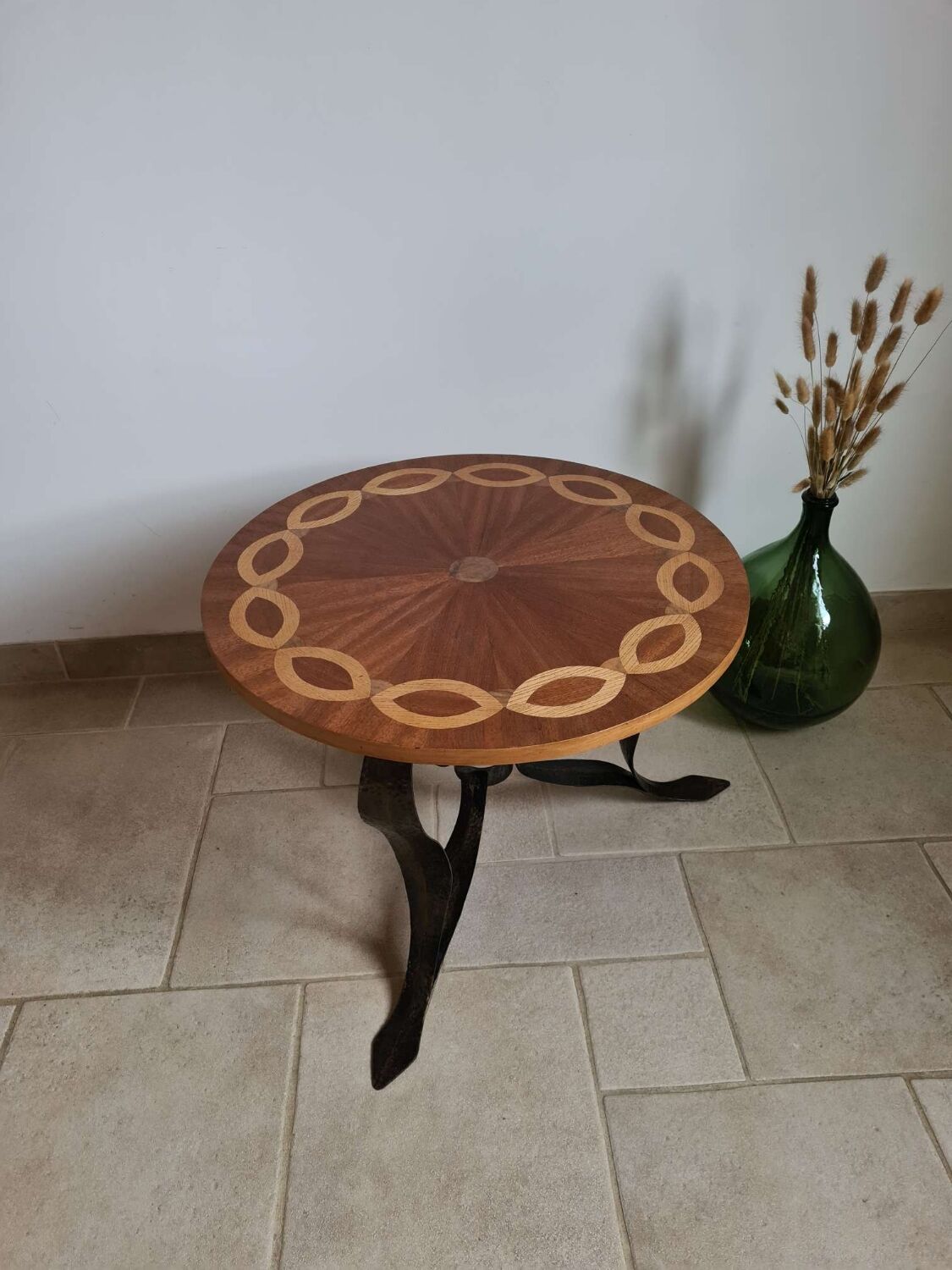 Marquetry and wrought iron coffee table