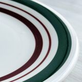 2 green and burgundy strip dessert plates.