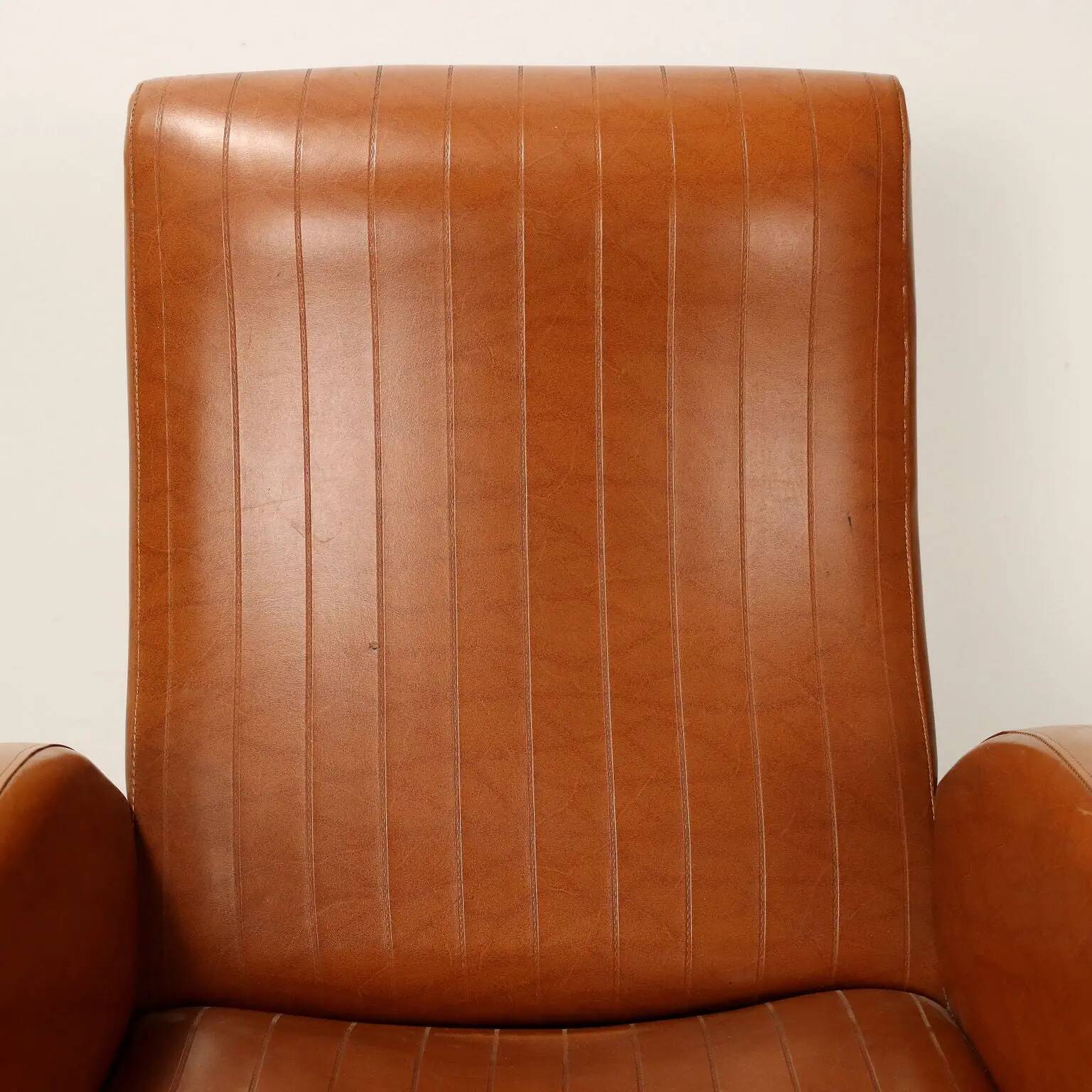 Small vintage armchair in faux leather, metal and brass, 1950s-1960s design.