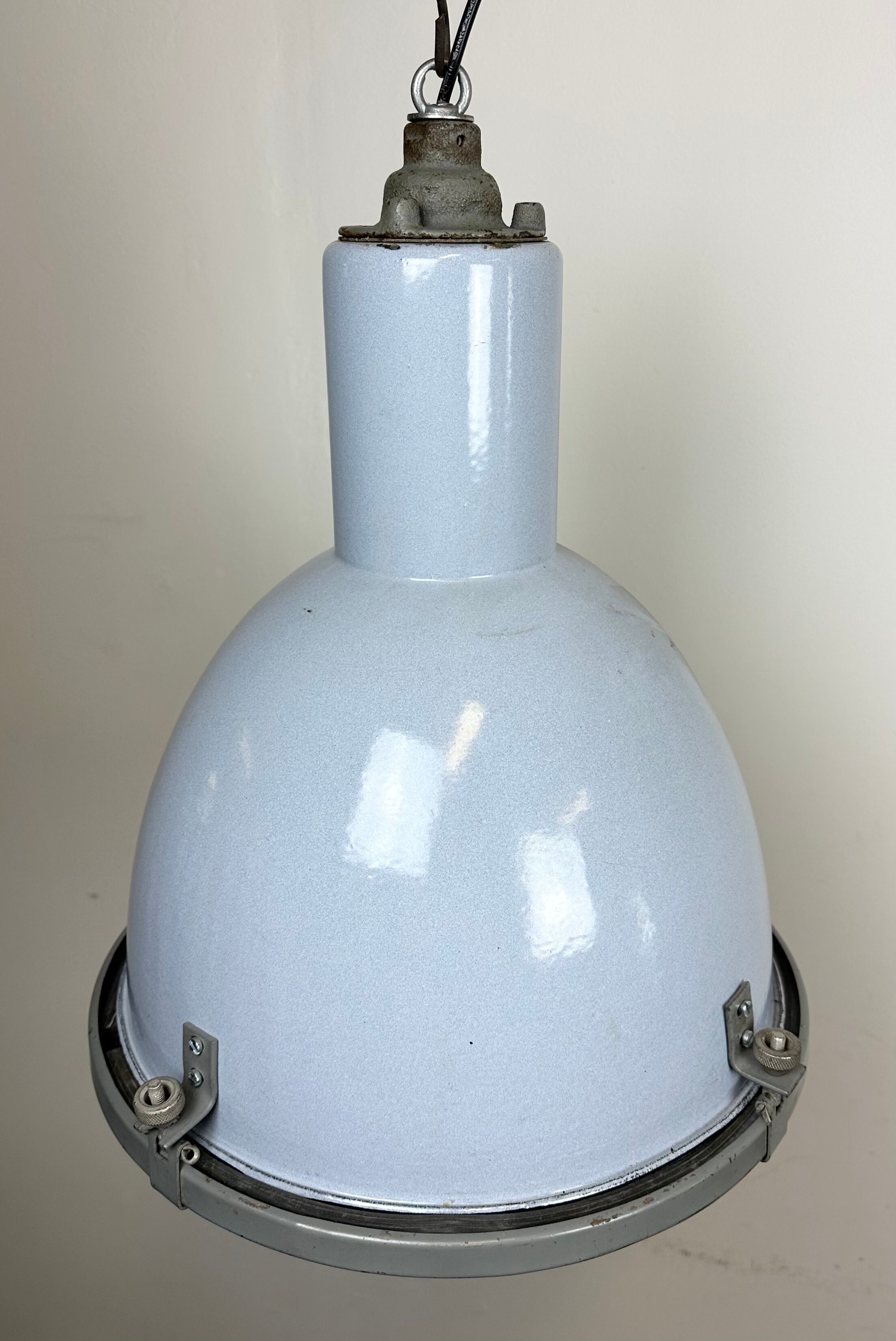 Bauhaus grey enamel industrial pendant lamp with glass cover, 1950s
