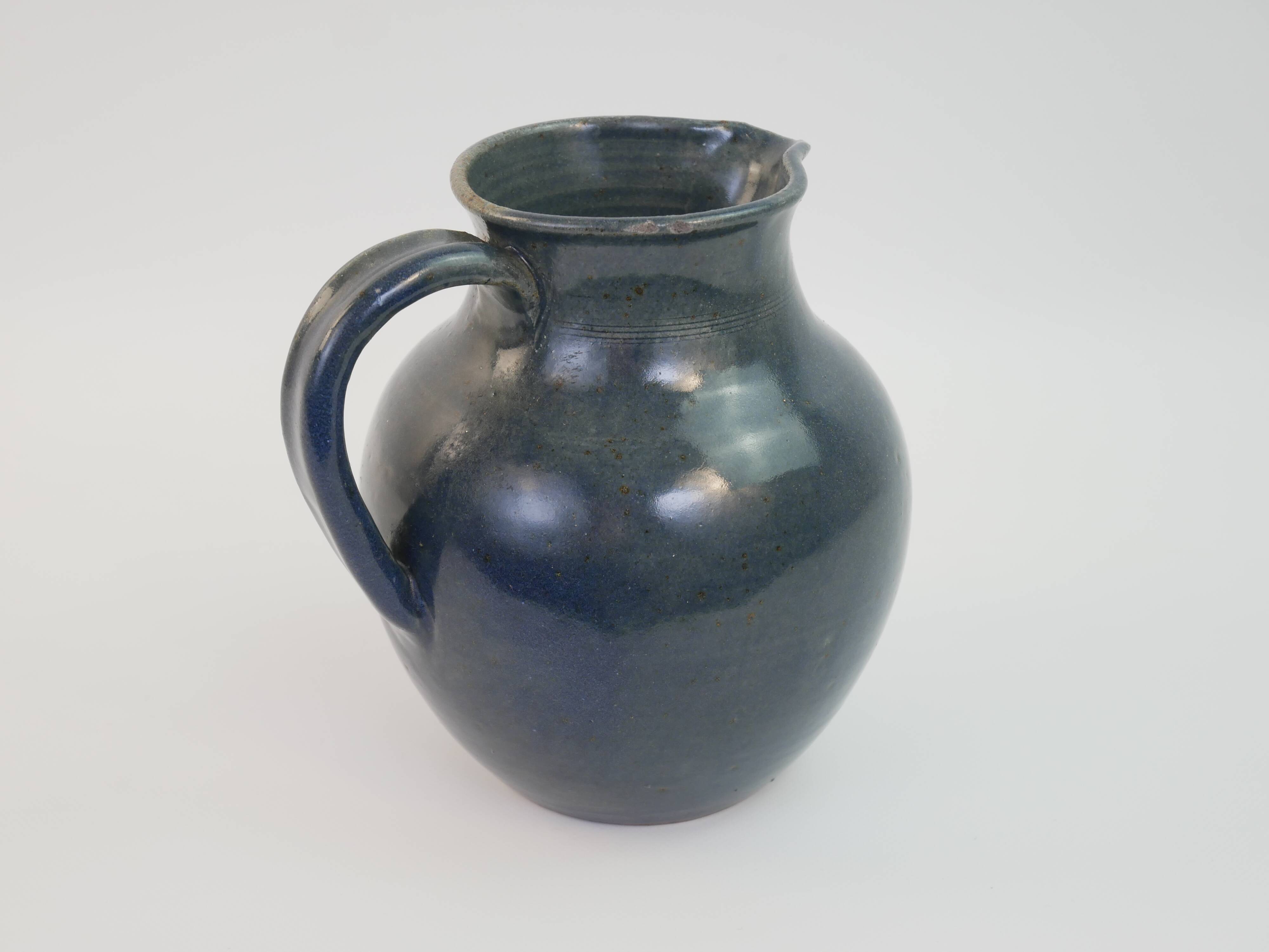 Large blue glazed stoneware pitcher Le Rivet France
