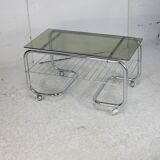 "Space age" coffee table, tubular steel, smoked glass, France, 1970s
