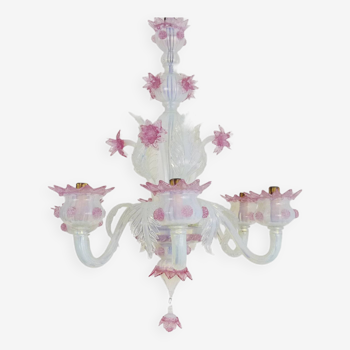 Vintage Italian chandelier in transparent and purple Murano glass with 6 lights, 1937