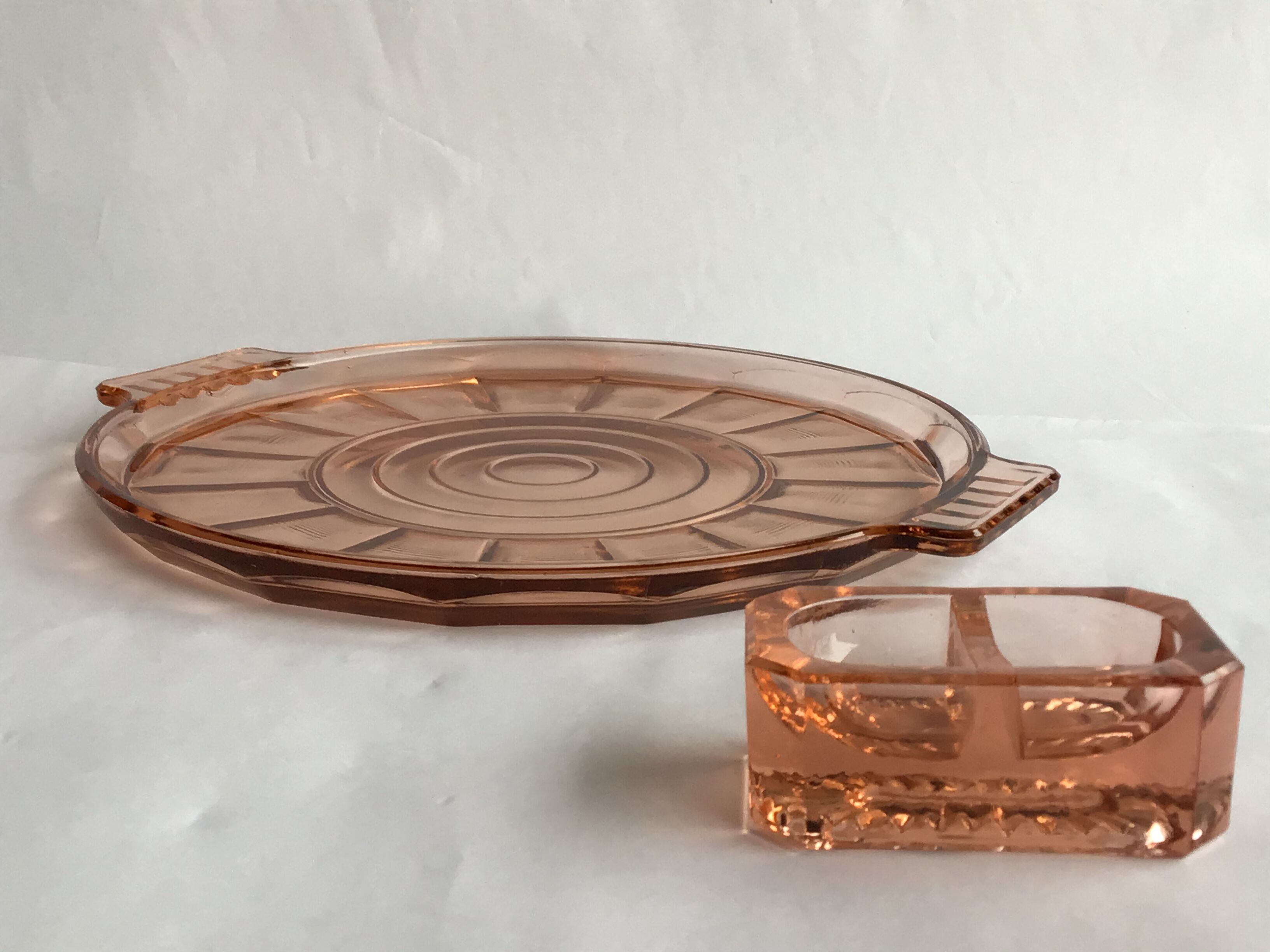 Pink glass salt shaker and cake dish