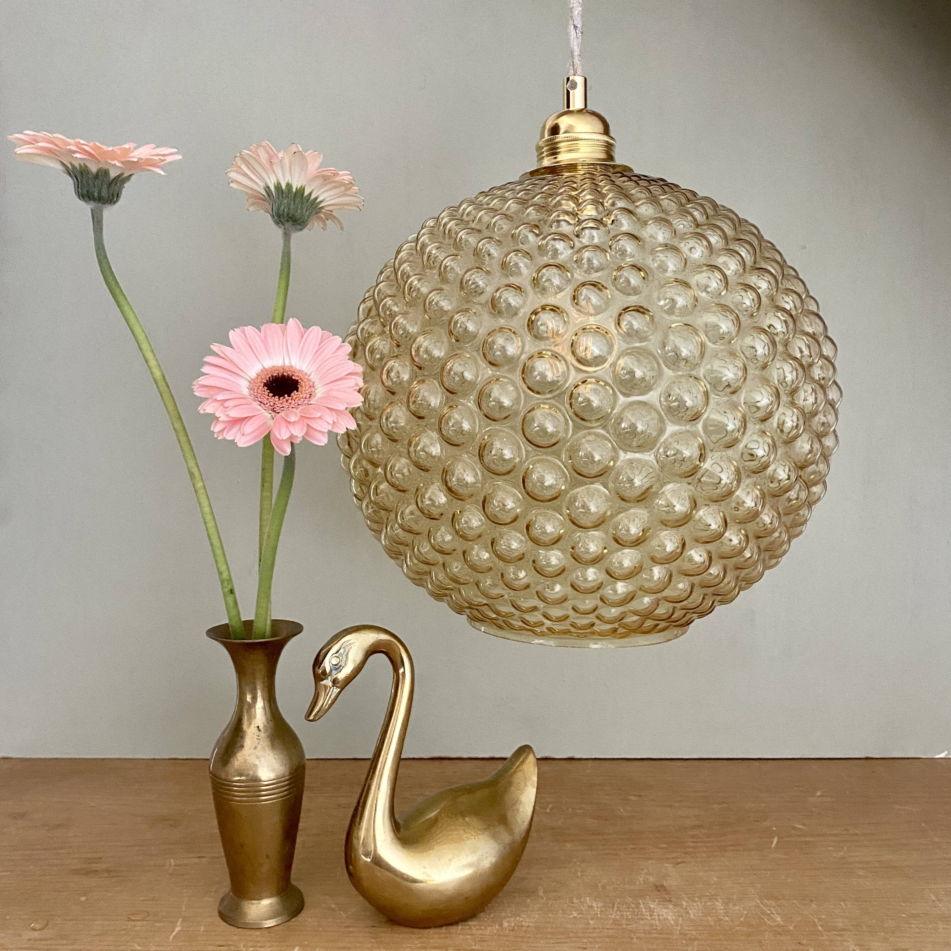 XXL vintage bubbled amber glass globe pendant light