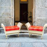 Sgabelli Art Deco in wood, ottone and pelle, Italia, anni '30, set of 2