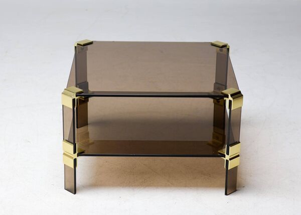 Table basse Hollywood Regency en laiton et verre fumé table basse chique à deux niveaux