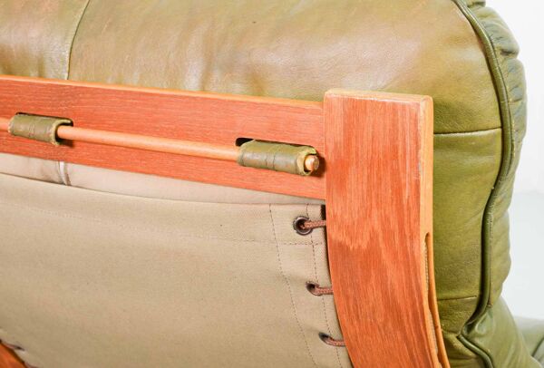 Canapé scandinave Rybo Rykken 2 places en cuir vert olive, années 60