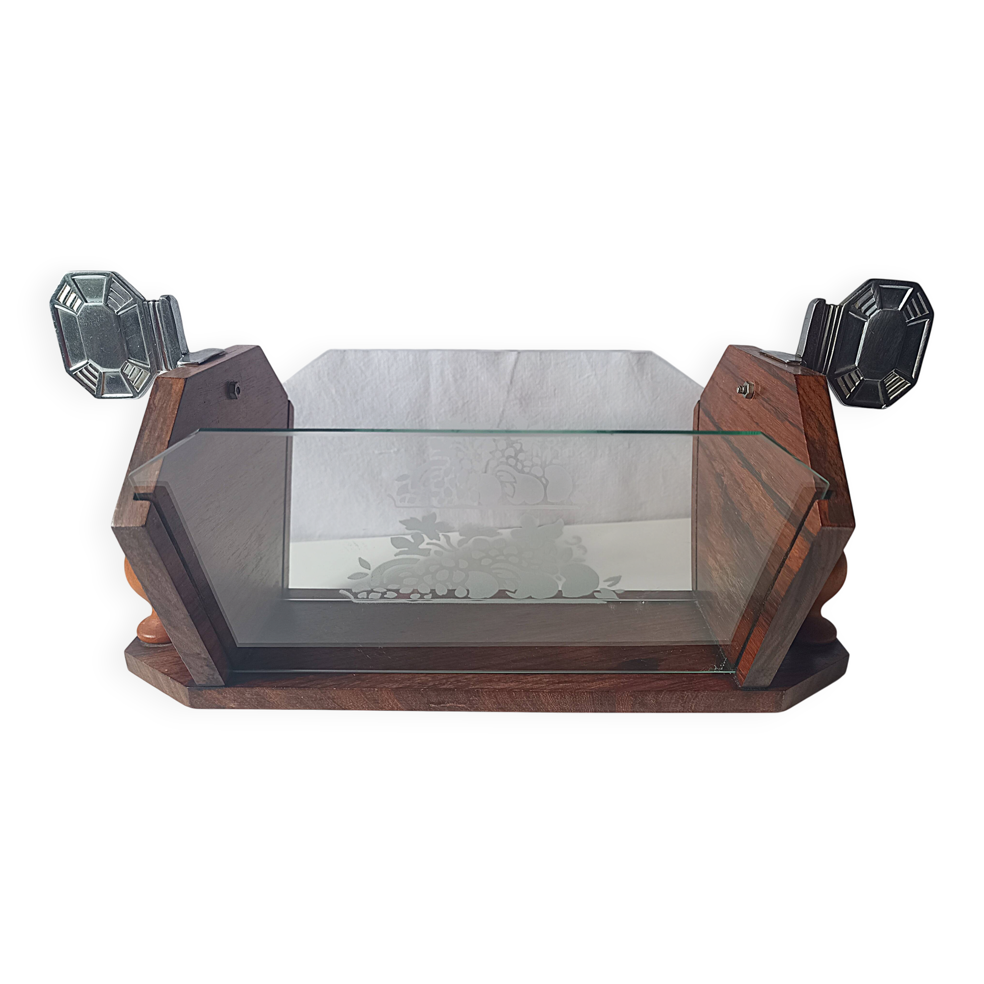 Vintage Art Deco magazine rack wood glass engraved storage furniture
