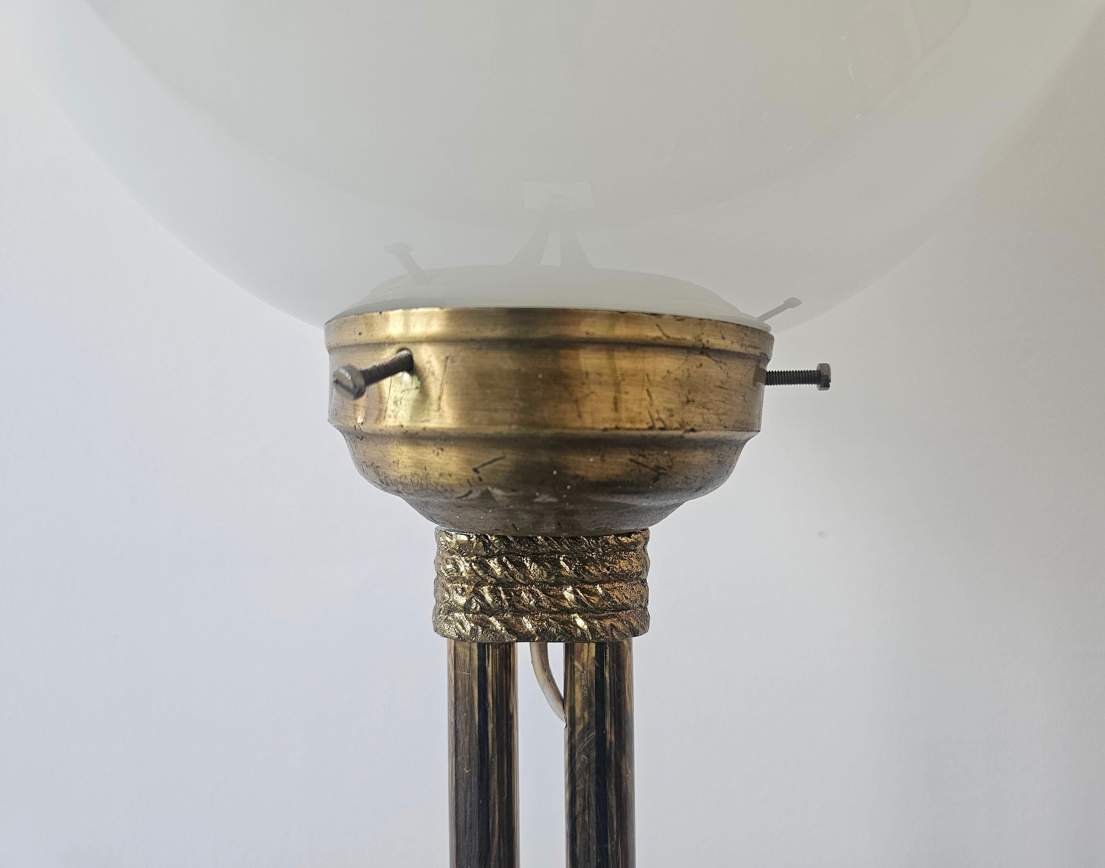 Mid-Century floor lamp with egg-shaped opal glass shade, brass base, marble base.