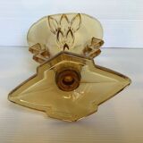Old yellow glass vase triangular handles diamond base