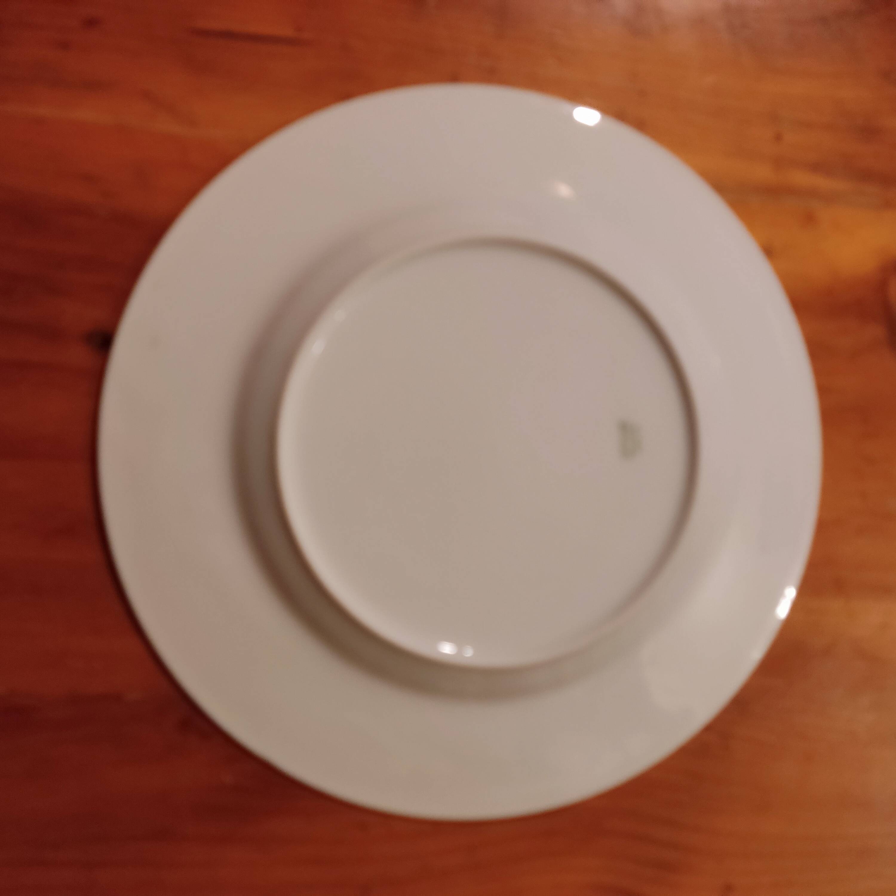 Limoges porcelain plate with a blue speckled rim.