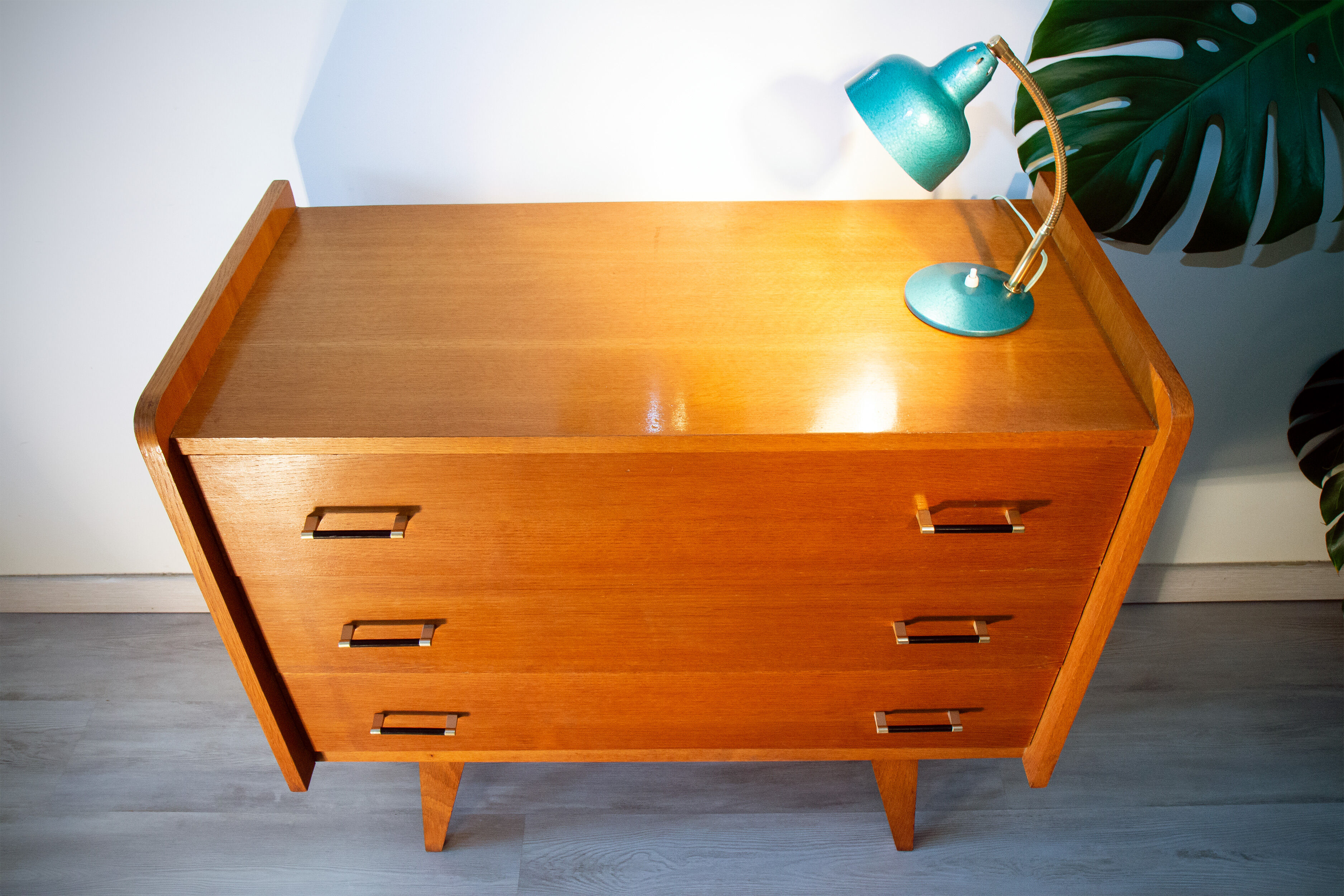 Chest of drawers year 60-70, compass foot, blond oak