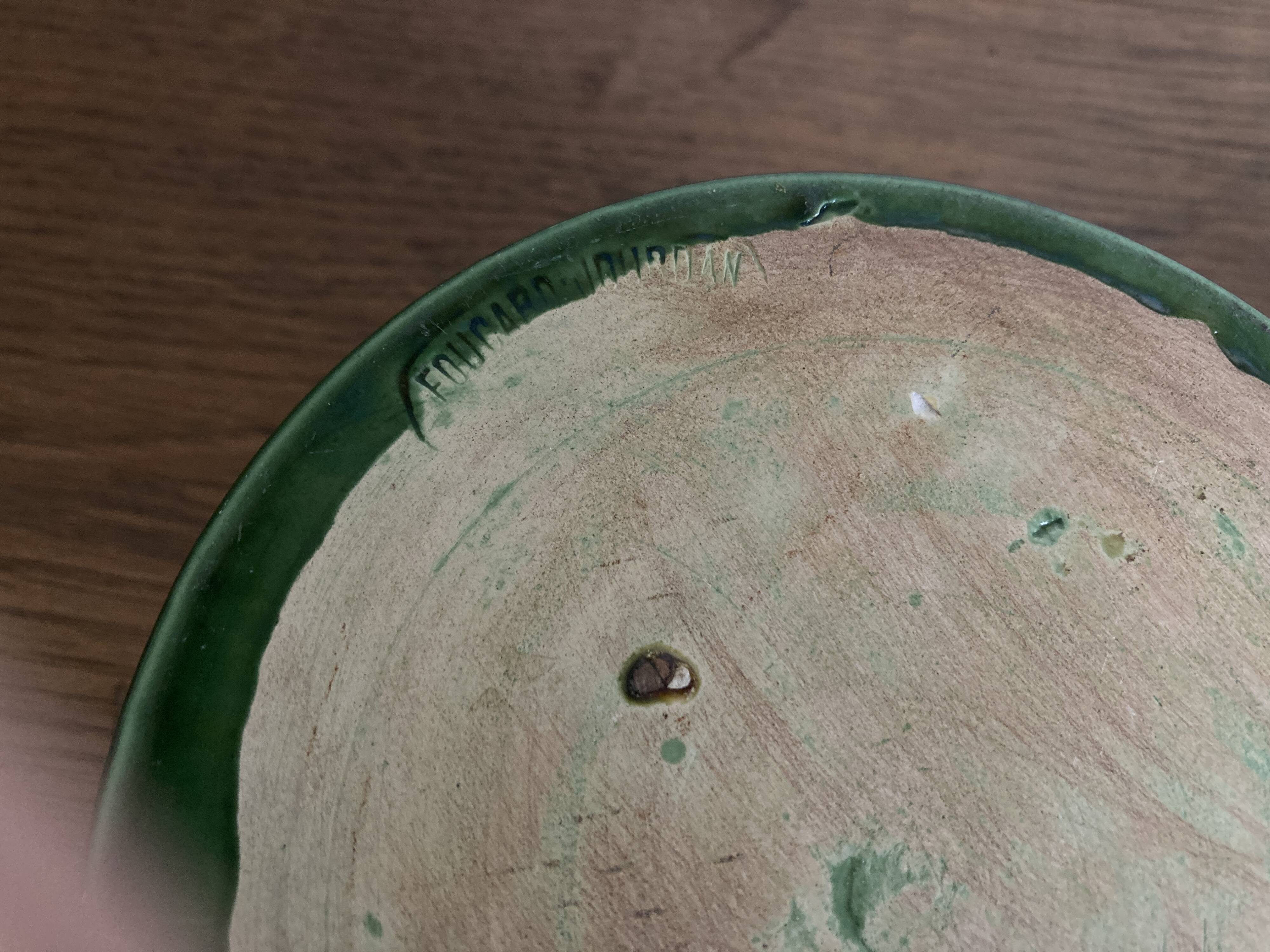 Foucart Jourdan Green glazed earthenware butter dish with water reservoir, 1960