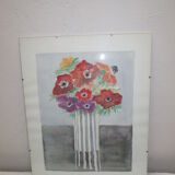 Ancienne aquarelle sous verre, bouquet de fleurs