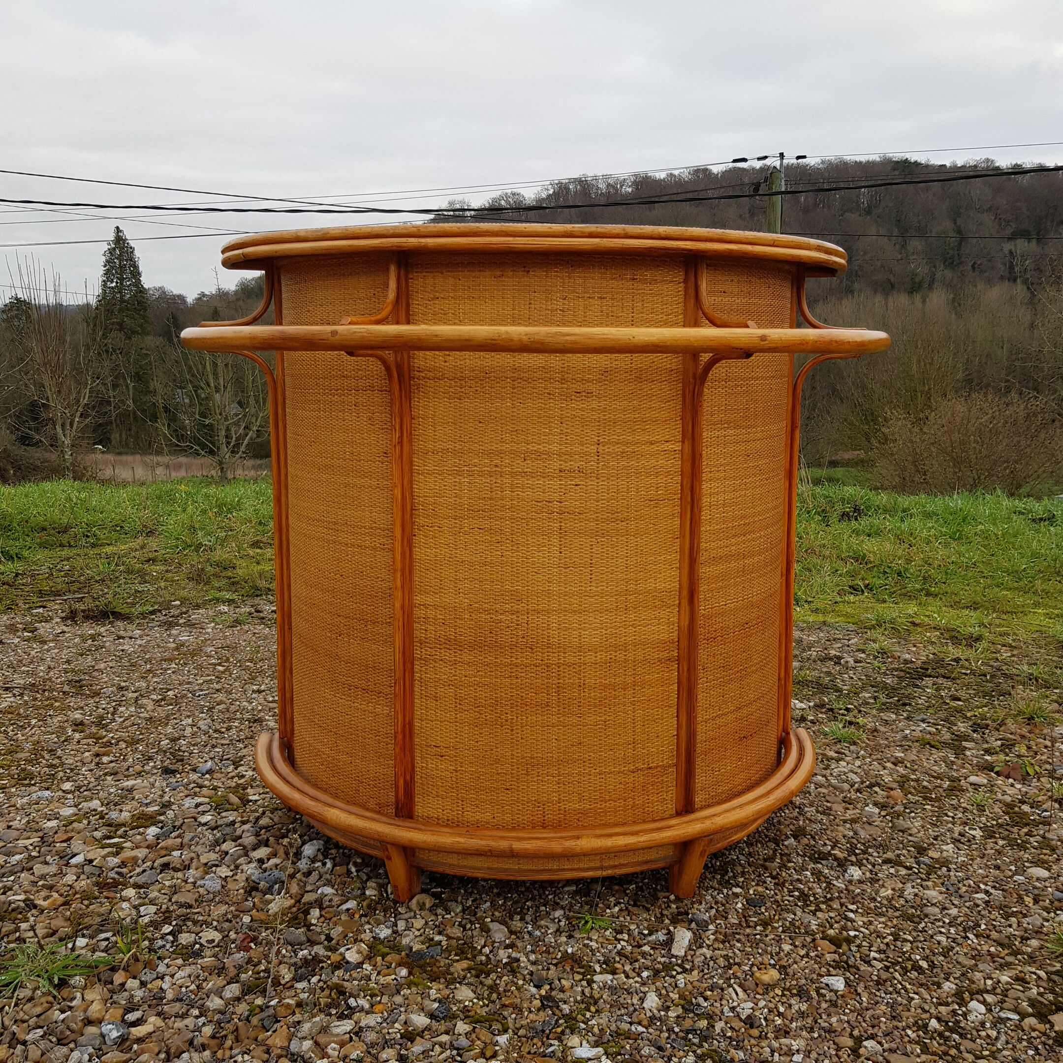 Vintage bamboo and rattan bar and pair of high stools