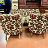 Fauteuils et canapé vintage pieds compas 1950 ancien motif floral