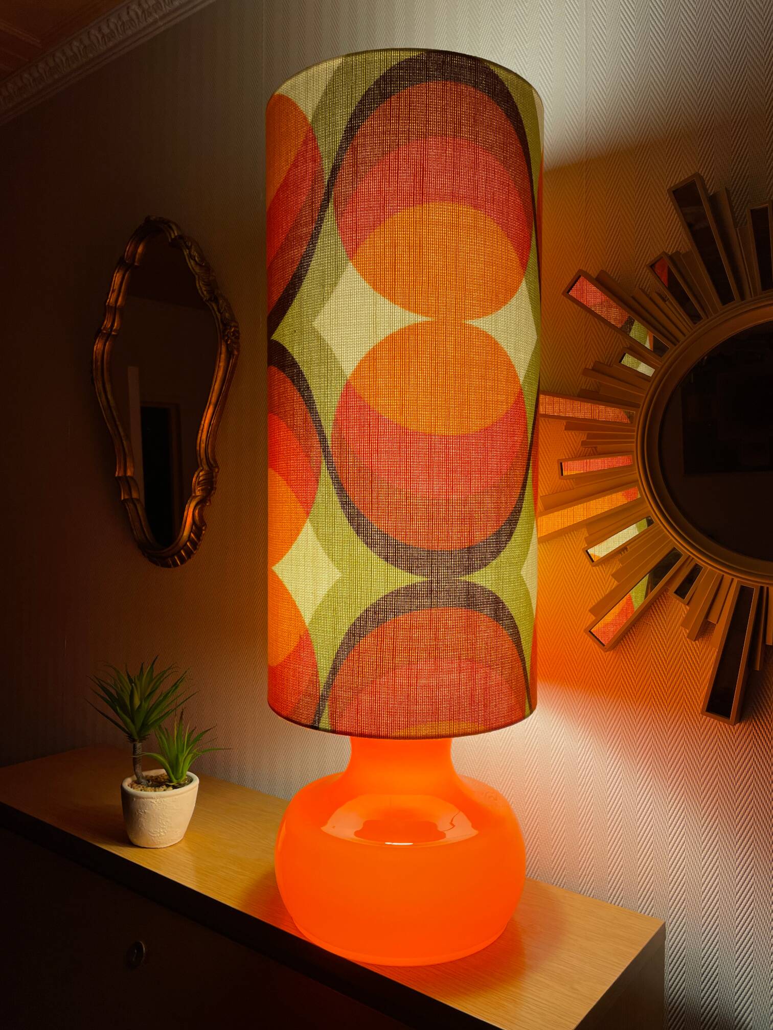 Lampe Agate opaline orange - tissu vintage 1970's