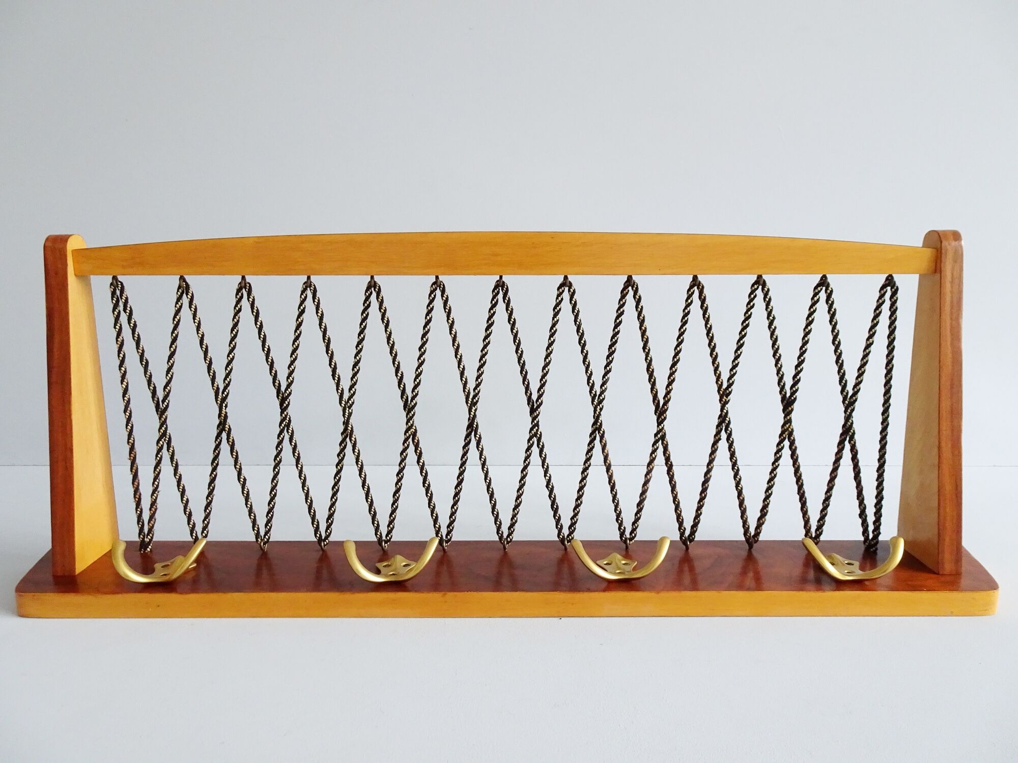 Wall coat rack with hat shelf made of wood and cords, Mid Century coat rack