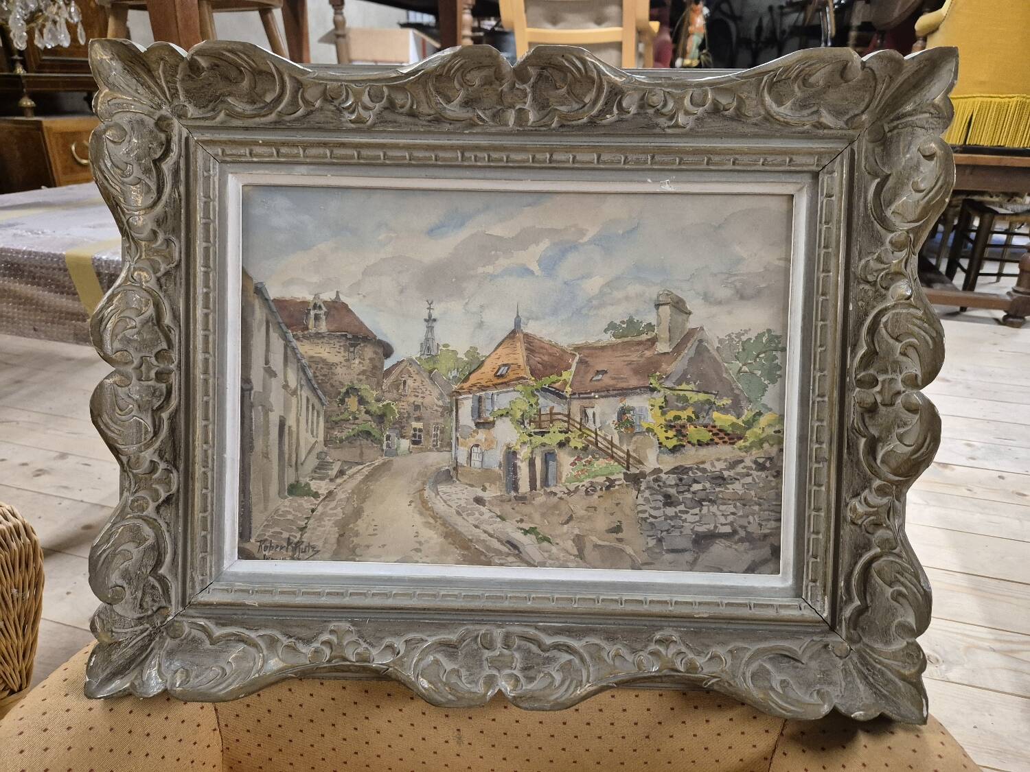 Watercolor landscape painting signed Robert Rutz original Montparnasse frame