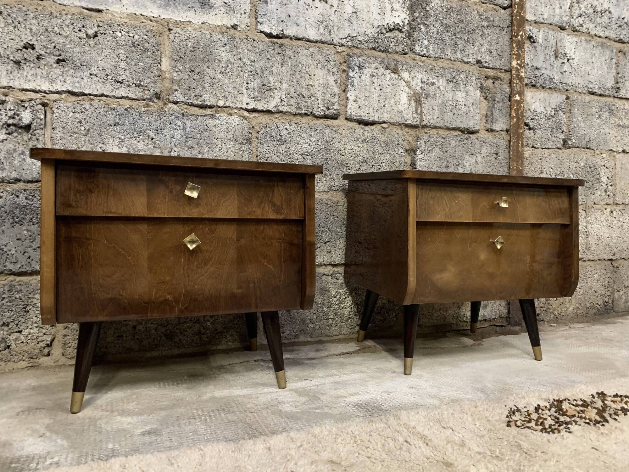 Pair of night tables feet compass bedside end of vintage sofa old 1950 1960 retro