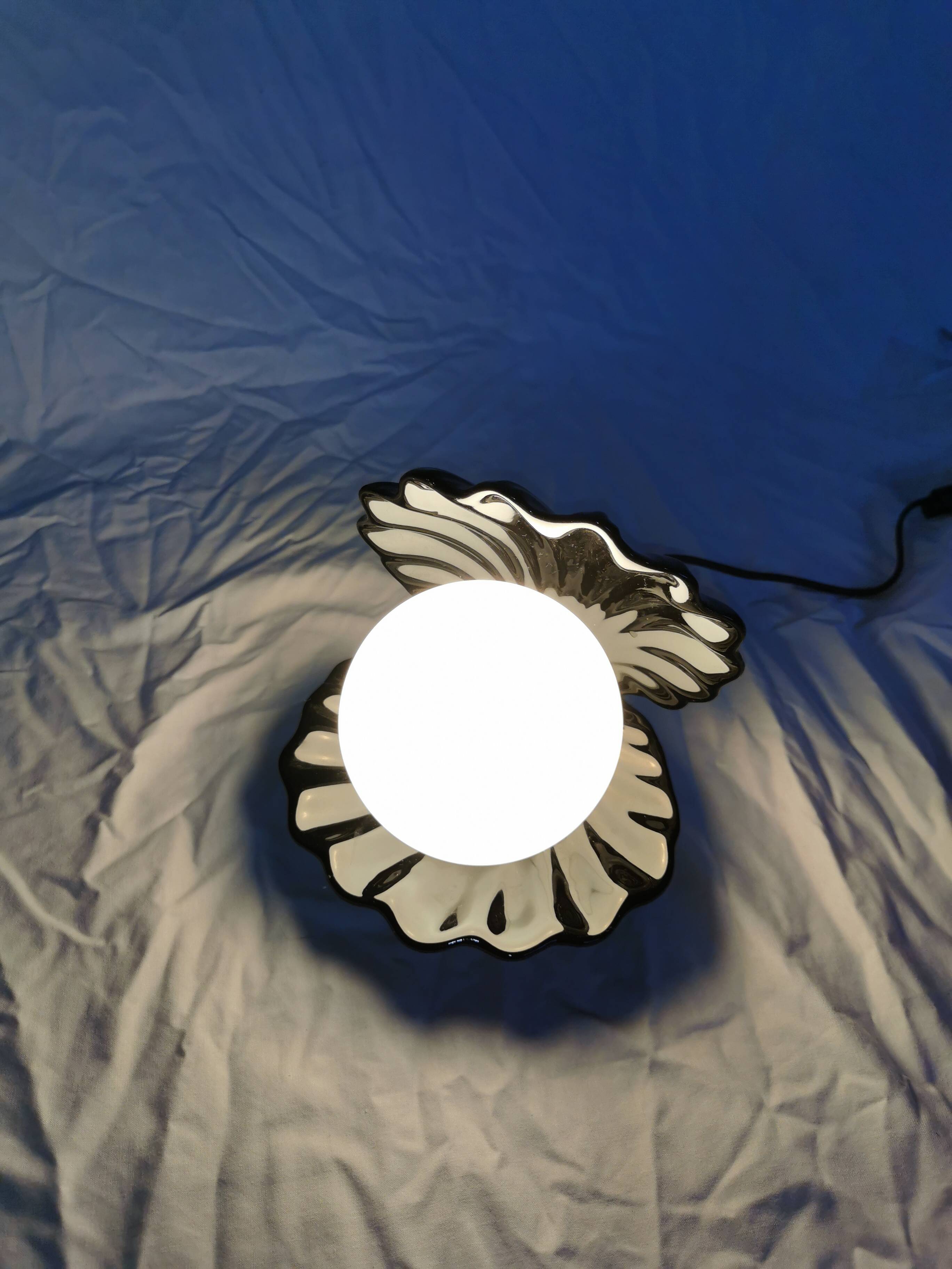 Ceramic shell lamp with opaline pearl, Saint-Jacques, France, 1980