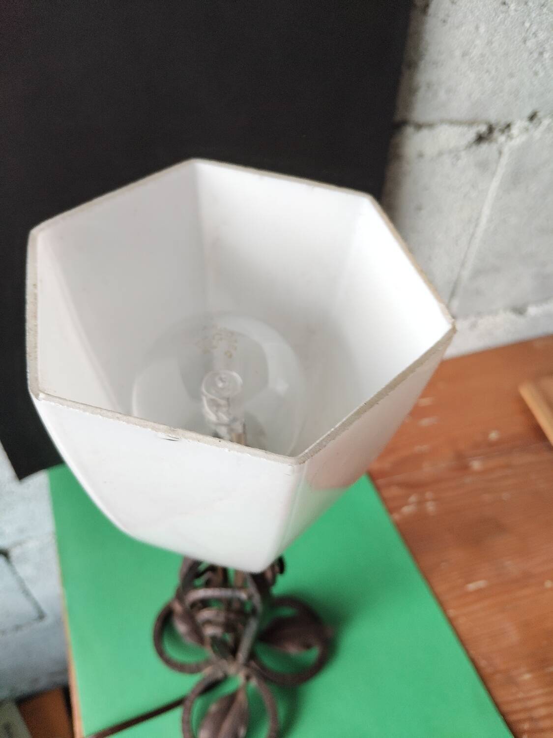 Hammered wrought iron lamp with white opaline Handmade craftsmanship