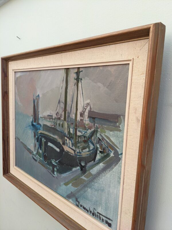 Mid 20th Century "Harbour Sundown" Swedish Modernist Coastal Scape Oil Painting, Framed