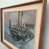 Mid 20th Century "Harbour Sundown" Swedish Modernist Coastal Scape Oil Painting, Framed
