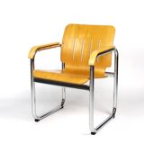80s curved wood and chrome armchair