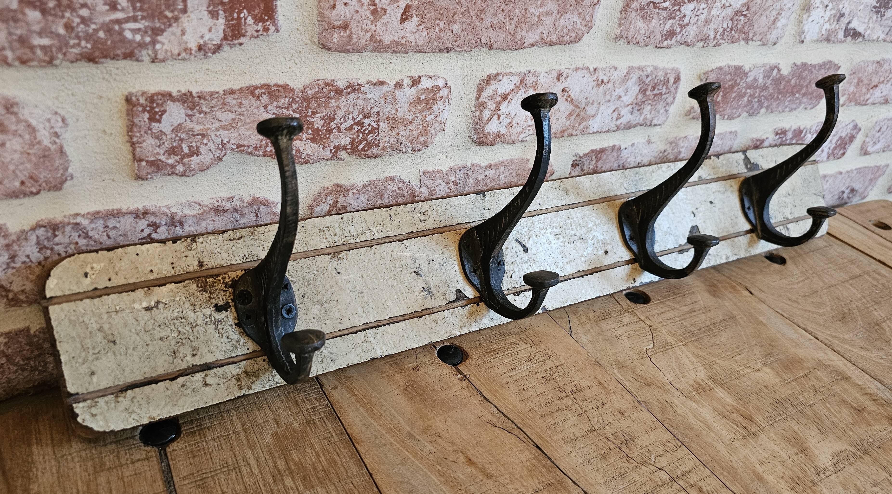 Solid teak coat hook with 4 double cast iron hooks