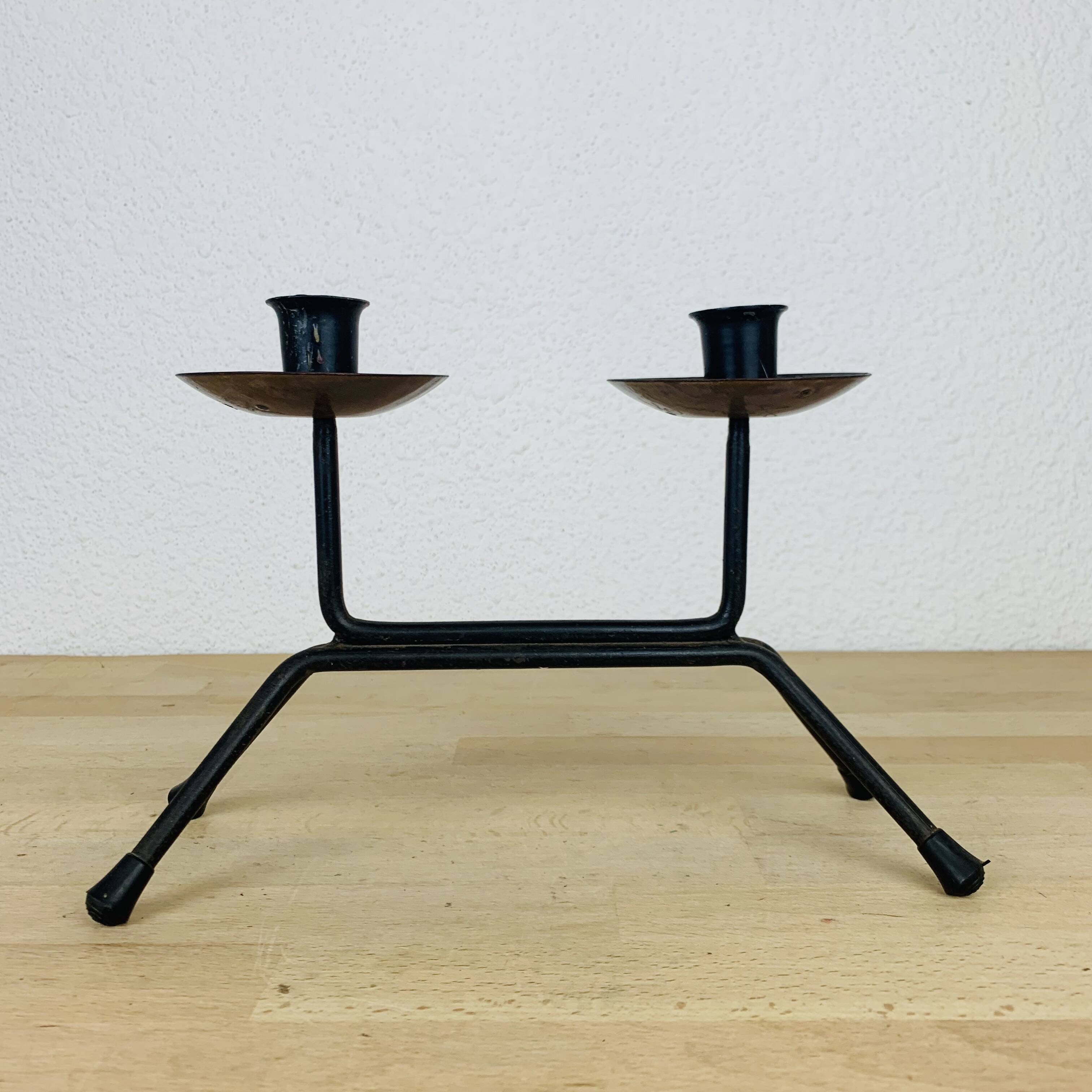 Vintage 50s iron candle holder, enameled signed