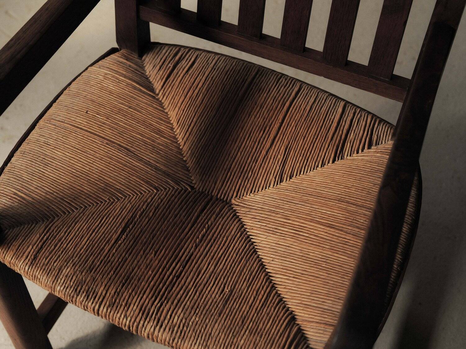 Handcrafted oak and straw armchair, France, circa 1950.