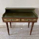 Wooden dressing table with olive green chair and floral patterns