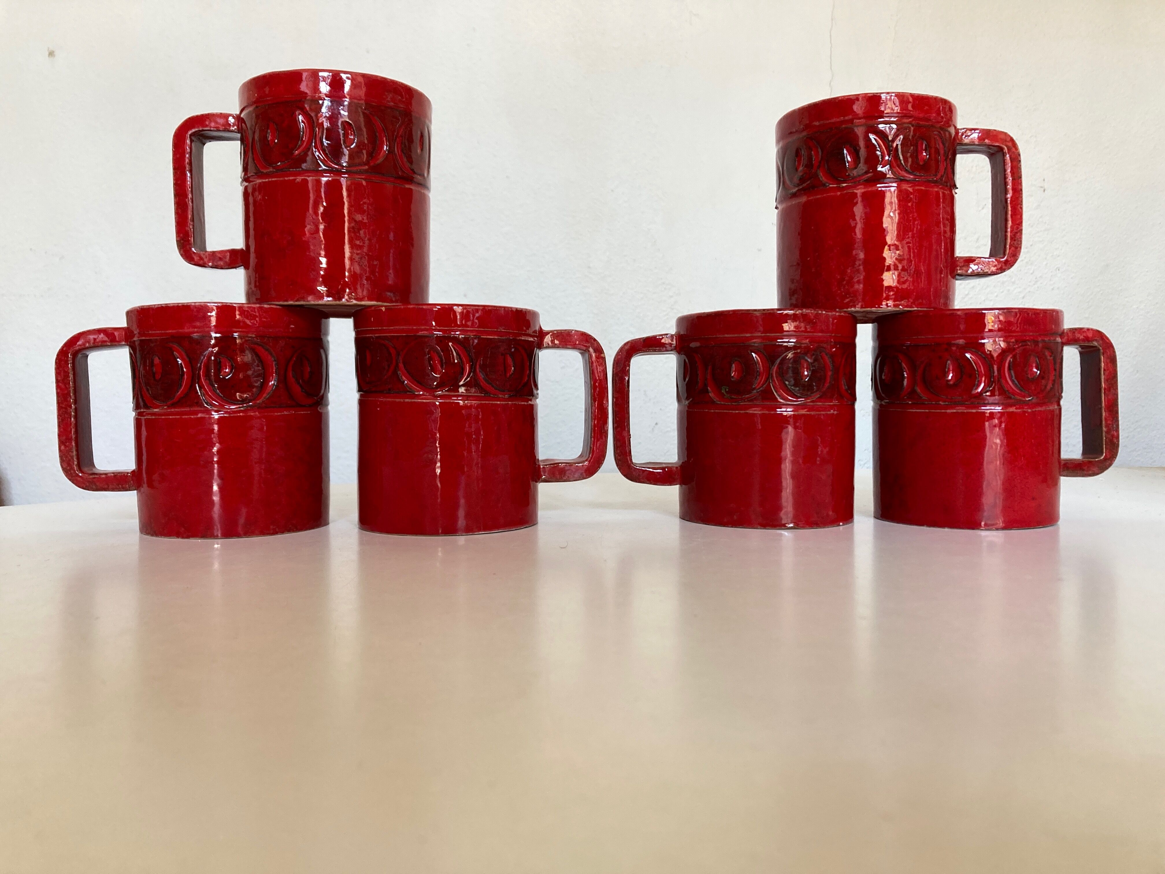 Set of 6 mugs in glazed earth Bitossi Italy 1960