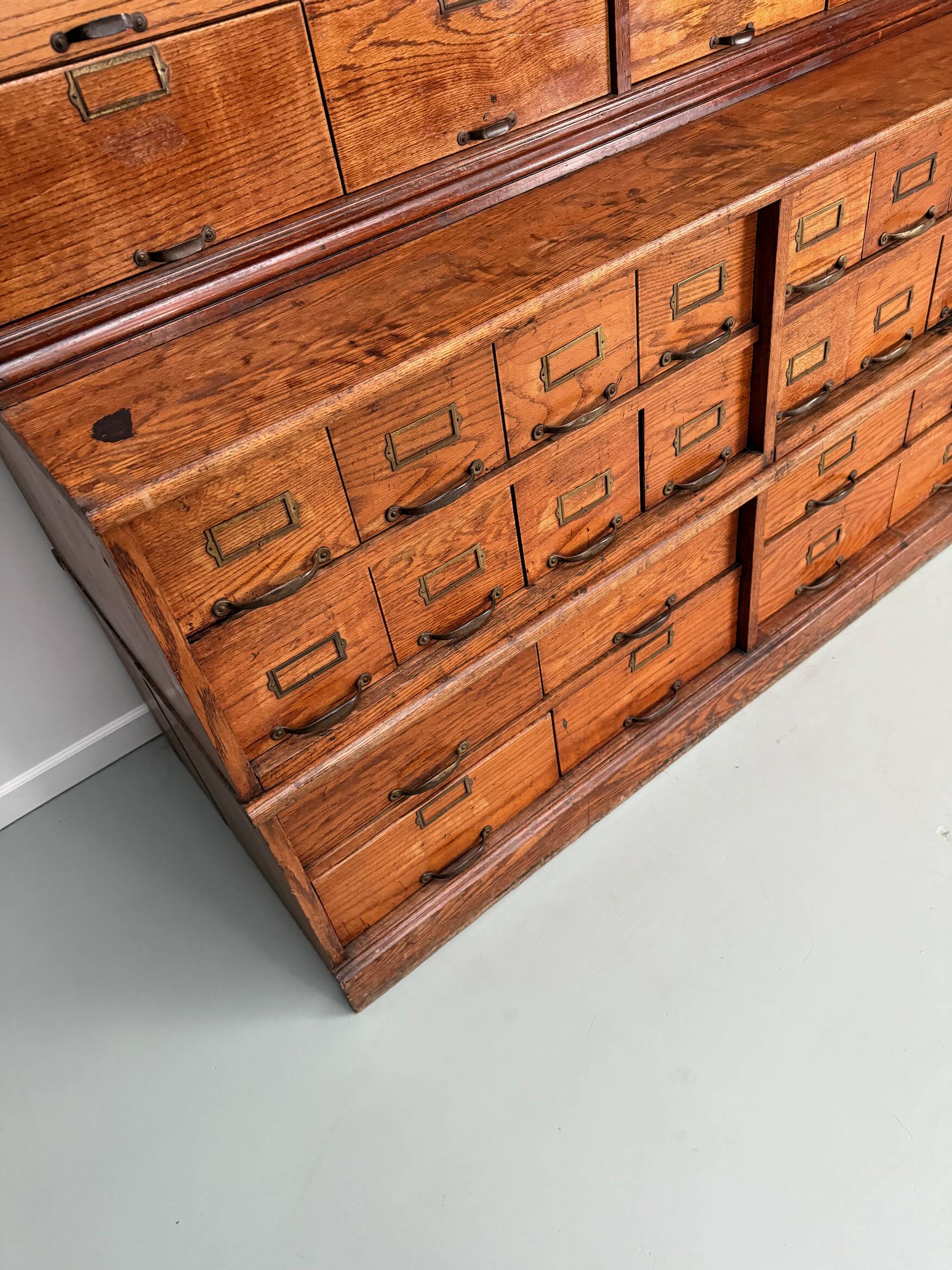 Antique very large American oak grain / apothecary cabinet, ca 1900