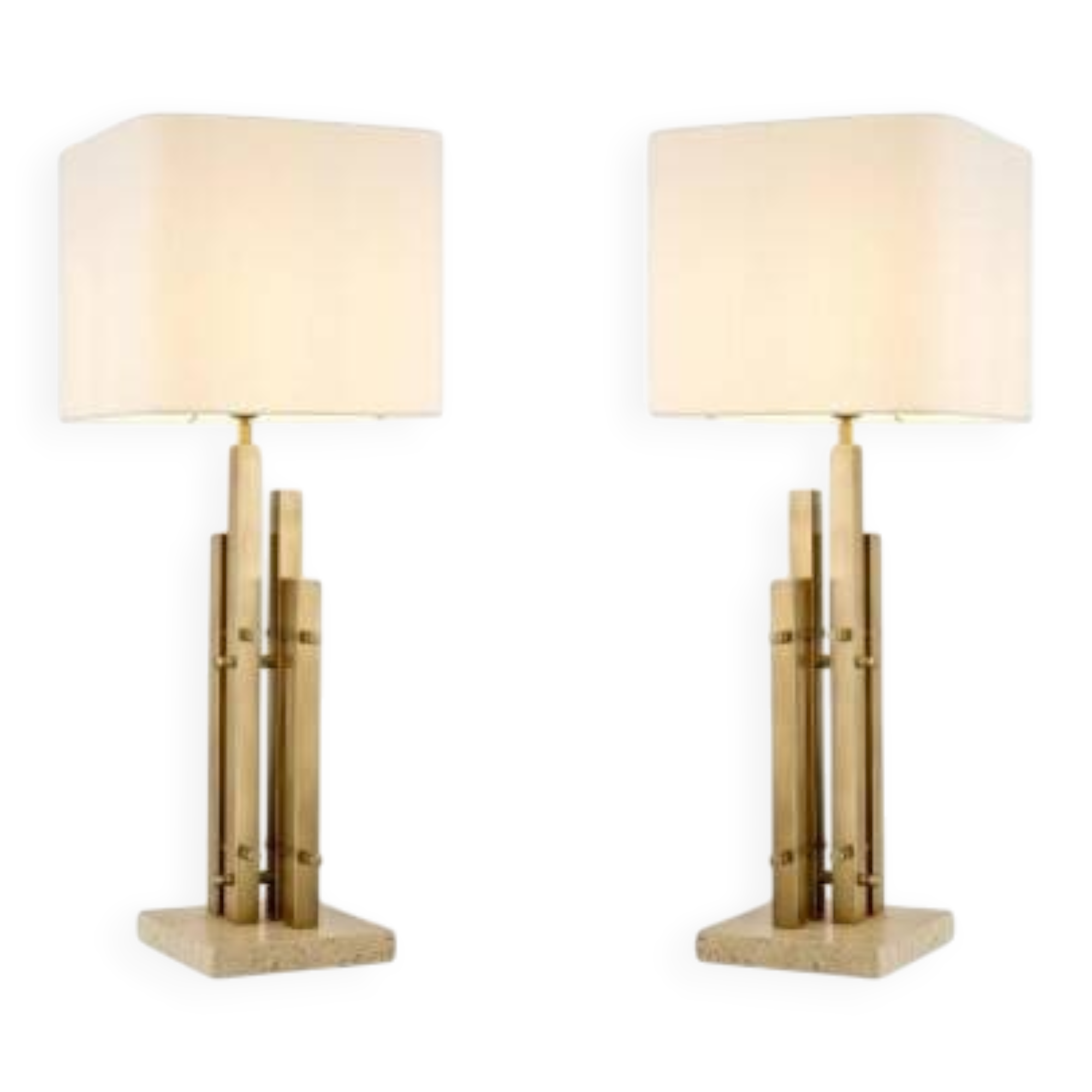 Pair of modern table lamps, vintage brass finish, travertine base.