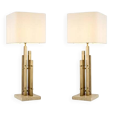 Pair of modern table lamps, vintage brass finish, travertine base.