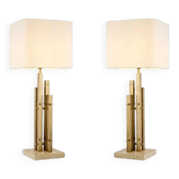 Pair of modern table lamps, vintage brass finish, travertine base.