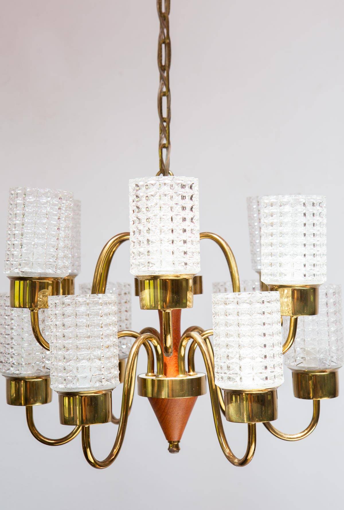 Swedish mid-century chandelier in teak with 12 tulips Eriksmalaglass (38 cm)